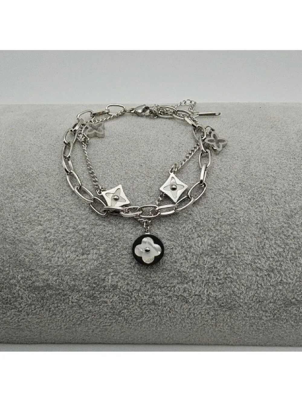 Pearl White Star Clover Charm Dual Chain Silver Toned Stainless Steel Bracelet